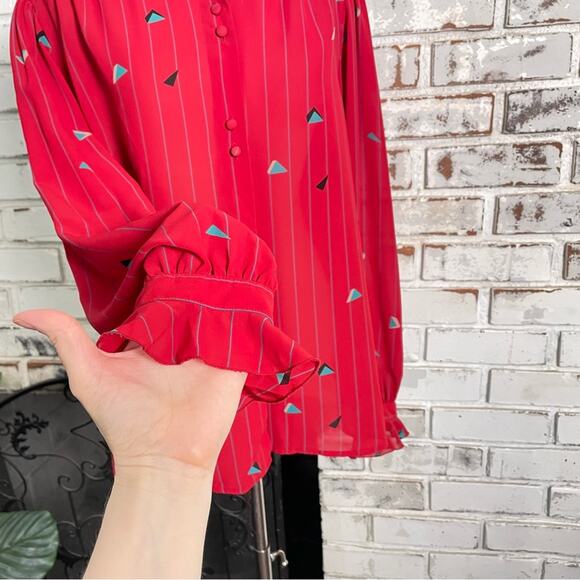 Vintage Red Teal Geometric Print Ruffle Sheer Long Sleeve Gathered Shoulder Top - Picture 4 of 11